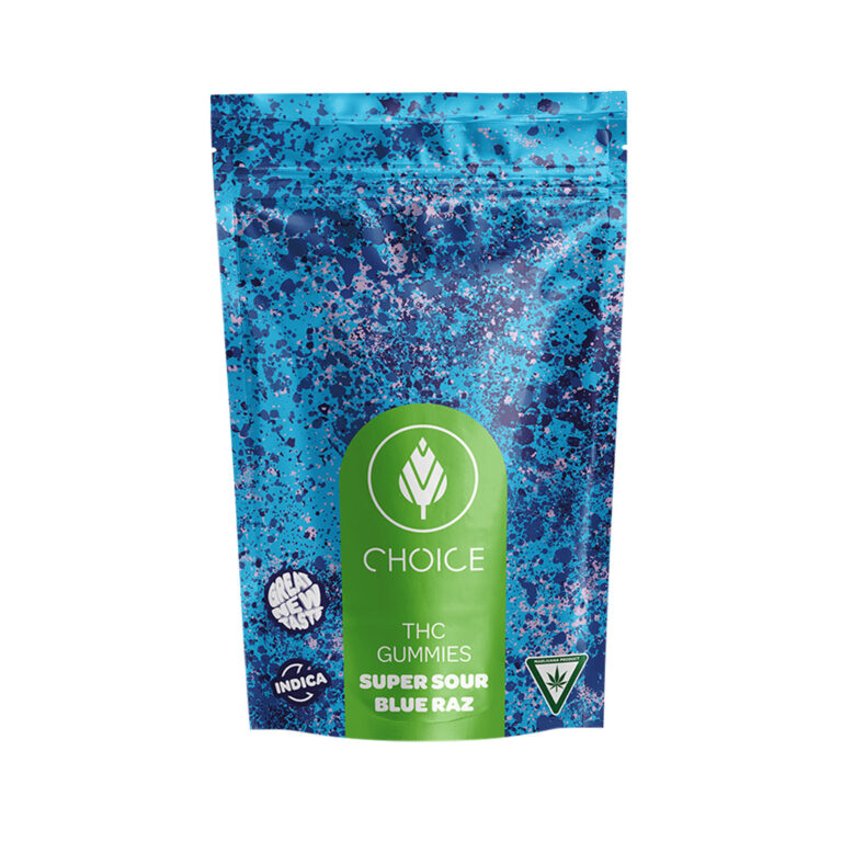 Choice Chews Super Sour Blue Raz 200mg THC gummies pack