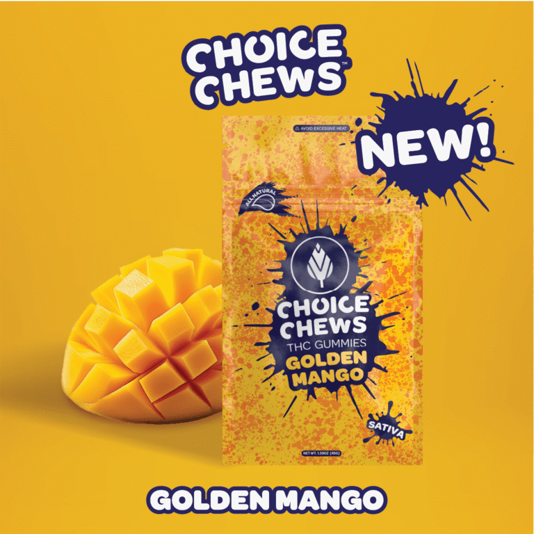Choice Chews Golden Mango 100mg THC gummies pack
