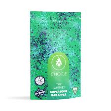 Choice Chews Super Sour Raz Apple 100mg THC gummies pack