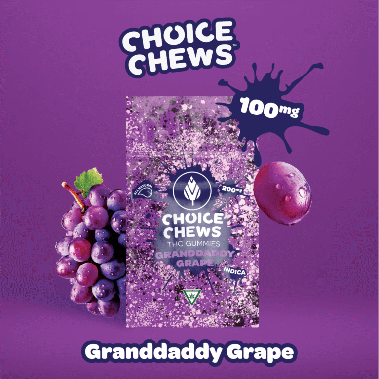 Choice Chews Granddaddy Grape 100mg THC gummies pack